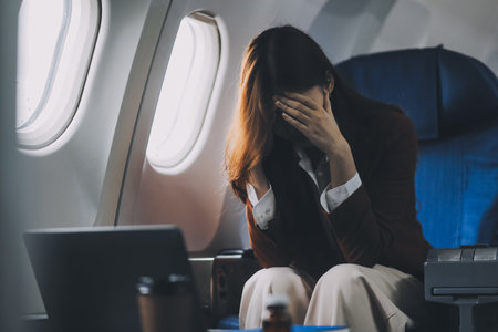 Photo of a frustrated woman sitting on an airplane with her head in her hands. Asian woman sitting in a seat in airplaneの写真素材