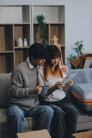 Young Asian couple relocating to a new house, joyfully packing and unpacking belongings. Expertise in moving, packing, togetherness, and creating a new home together.の写真素材