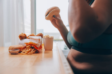 Binge eating disorder concept with woman eating fast food burger, fired chicken , donuts and dessertsの写真素材