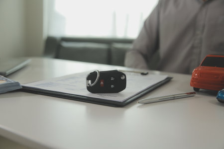 Young man receives a key from car salesman. After agreeing to a contract for rent or sale of a car at workshop, loan car, insurance, sale, buying car and finance concept.の写真素材