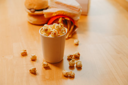 A bucket of popcorn, top-view, warm colors, light brown wooden background, flat lay, daylight macro...