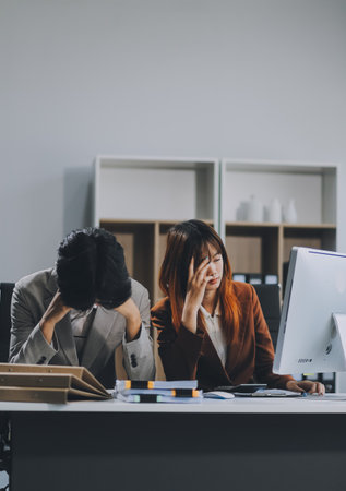 Stressed business couple working at big cabinet. Frustrated director closed face with hands at laptop workplace interior. Woman partner solving problems on smartphone call feeling nervous at officeの写真素材
