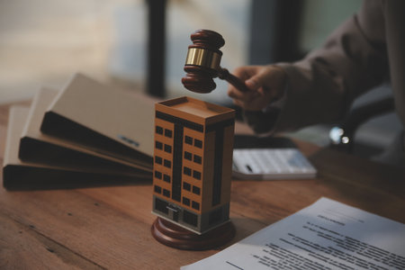 Real Estate Law, Home Insurance, property Tax, Auction and Bidding concepts. small toy house model with gavel justice hammer on desk in courthouse.の写真素材
