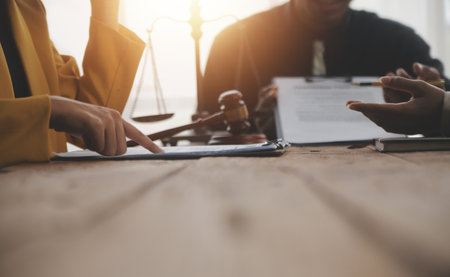 Judge gavel with Justice lawyers having team meeting at law firm background. Concepts of Law and Legal services.の写真素材