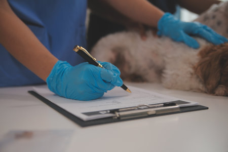 At a modern veterinary clinic, a Panshi Tzu puppy sits on an examination table. Meanwhile, a female veterinarian assesses the health of a healthy dog ââbeing examined by a professional veterinarian.の写真素材