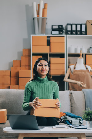 Asian SME business women use laptop computer checking customer order online shipping boxes at home. Starting Small business entrepreneur SME freelance. Online business, Work at home concept.の写真素材