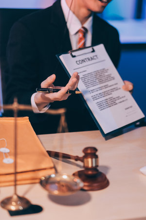 Judge gavel with Justice lawyers having team meeting at law firm background. Concepts of Law and Legal services.の写真素材