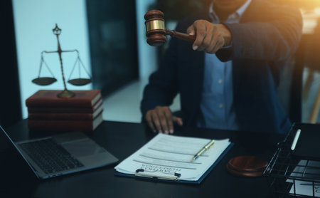 Law theme, gavel or mallet of the judge, lawyer enforcement officers, evidence-based cases taken...