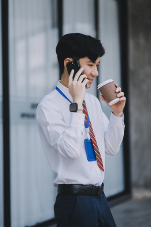 Happy businessman drinking coffee and using mobile phone in front of his office building.
