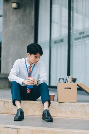 Sadness depressed Businessman with box cardboard packing personal items after losing jobs. Failure businessman sitting at stair front of building. Your fired Unemployed Jobless People Crisisの写真素材