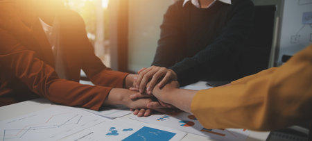 Hand join together for work togetherness, Hand stack for business and service, Team volunteering or...