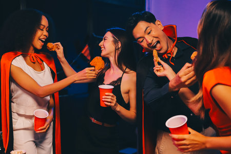 Joyful office Halloween party with coworkers in costumes, celebrating with drinks and laughter,...