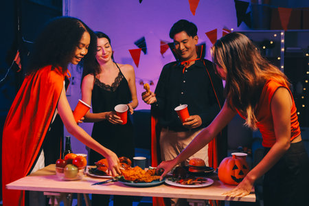 Joyful office Halloween party with coworkers in costumes, celebrating with drinks and laughter, fostering teamwork and festive spiritの写真素材