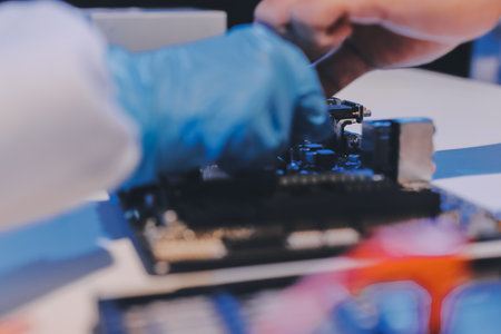 Electronics technician, electronic engineering electronic repair, electronics measuring and testing, repair and maintenance concepts.の写真素材