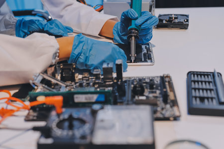 Electronics technician, electronic engineering electronic repair, electronics measuring and testing, repair and maintenance concepts.の写真素材