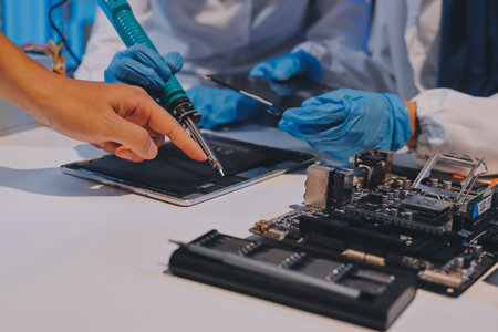 Electronics technician, electronic engineering electronic repair, electronics measuring and testing, repair and maintenance concepts.の写真素材
