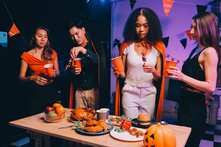 Joyful office Halloween party with coworkers in costumes, celebrating with drinks and laughter,...