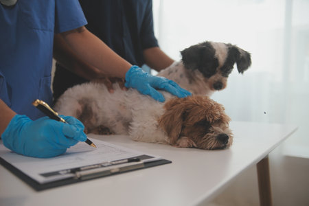 At a modern veterinary clinic, a Panshi Tzu puppy sits on an examination table. Meanwhile, a female...