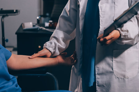 Doctor or Physiotherapist working examining treating injured arm of athlete male patient, stretching...