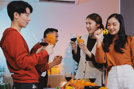 Group of young Asian man and women as friends having fun at a New Year's celebration, holding gift...