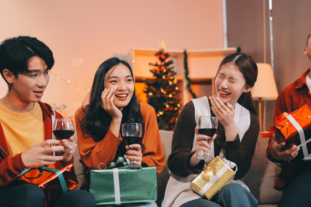Group of young Asian man and women as friends having fun at a New Year's celebration, holding gift boxes standing by Christmas tree decoration, midnight countdown Party at home with holiday season.の写真素材