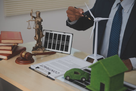 Auctioneer knocks down property sale by sample house and lawyer's gavel, judge mediates in property dispute in court car judge's gavel on wooden background Buying and selling real estate, housingの写真素材