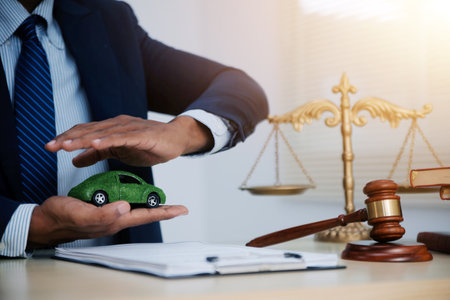 Judge gavel and miniature car symbolize auction or court case against driver who has accident and receiving vehicle insurance payment be on table in front of hands of lawyers. Selective focusの写真素材