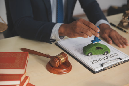 Judge gavel and miniature car symbolize auction or court case against driver who has accident and...
