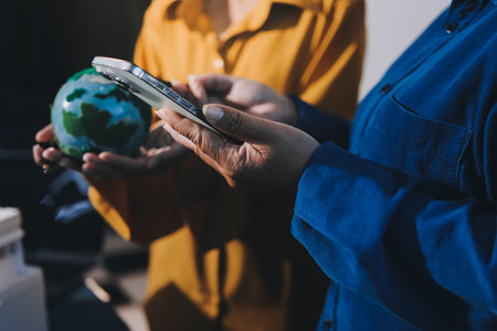 ESG environmental social governance display on laptop on eco-friendly company meeting with business people implementing environmental protection for clean and sustainable future ecology. Trailblazingの写真素材