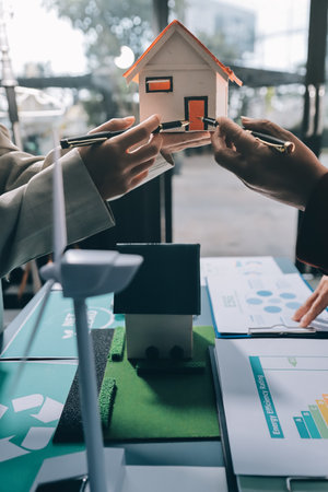 Carbon offset price report CO2 emission. Future growth Net zero waste in ESG ethical SME office protect climate change global warming social issues project. Group of asia people Eco friendly SDGs planの写真素材