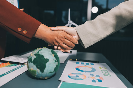 Carbon offset price report CO2 emission. Future growth Net zero waste in ESG ethical SME office protect climate change global warming social issues project. Group of asia people Eco friendly SDGs planの写真素材