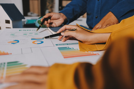 ESG environmental social governance display on laptop on eco-friendly company meeting with business people implementing environmental protection for clean and sustainable future ecology. Trailblazingの写真素材
