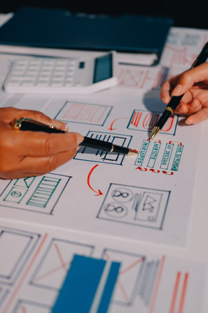 Young Asian business creative team work together, mobile application software design project....