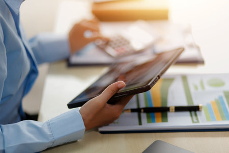 Business Documents, Auditor businesswoman checking searching document legal prepare paperwork or...
