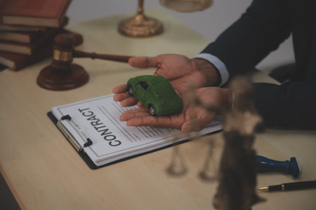 Judge gavel and miniature car symbolize auction or court case against driver who has accident and receiving vehicle insurance payment be on table in front of hands of lawyers. Selective focusの写真素材