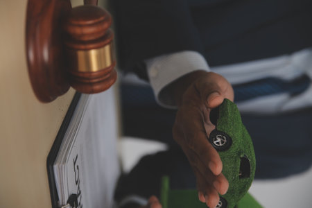 Auctioneer knocks down property sale by sample house and lawyer's gavel, judge mediates in property dispute in court car judge's gavel on wooden background Buying and selling real estate, housingの写真素材