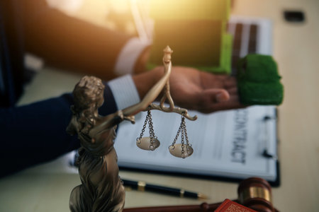 Auctioneer knocks down property sale by sample house and lawyer's gavel, judge mediates in property dispute in court car judge's gavel on wooden background Buying and selling real estate, housingの写真素材