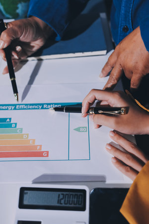 ESG environmental social governance display on laptop on eco-friendly company meeting with business people implementing environmental protection for clean and sustainable future ecology. Trailblazingの写真素材