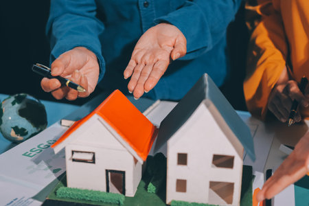 ESG environmental social governance display on laptop on eco-friendly company meeting with business people implementing environmental protection for clean and sustainable future ecology. Trailblazingの写真素材