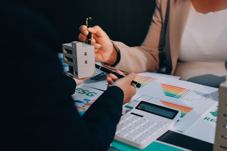 Carbon offset price report CO2 emission. Future growth Net zero waste in ESG ethical SME office protect climate change global warming social issues project. Group of asia people Eco friendly SDGs planの写真素材