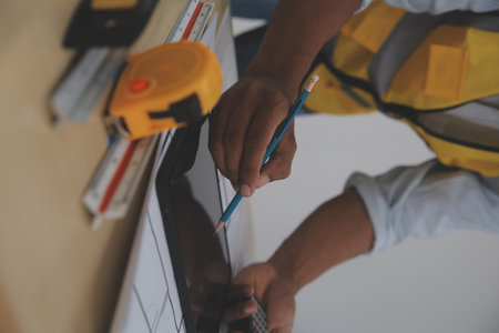 Image of engineer meeting for architectural project. working with partner and engineering tools on workplace vintage tone.の写真素材