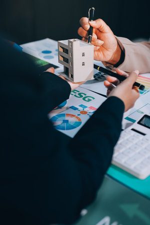 Carbon offset price report CO2 emission. Future growth Net zero waste in ESG ethical SME office protect climate change global warming social issues project. Group of asia people Eco friendly SDGs planの写真素材