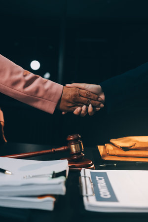 Judge gavel with Justice lawyers having team meeting at law firm background. Concepts of Law and Legal services.の写真素材