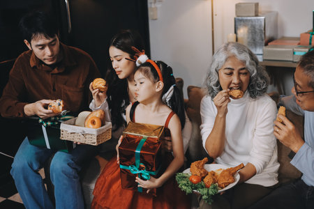Portrait of Asian family exchanging presents during christmas at home. Attractive happy people...