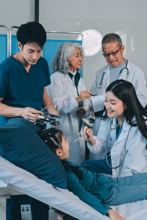 A team of doctors and nurses are working to treat a female patient in the patient's room.の写真素材