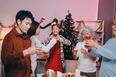 Merry Christmas! Happy family are having dinner at home. Celebration holiday and togetherness near tree.の写真素材