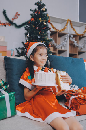 Little girl with Christmas gift at homeの写真素材