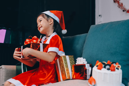 Little girl with Christmas gift at homeの写真素材