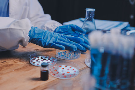 Blood test in the laboratory. Laboratory assistant working with the dispenser. Vacuum tubes with...