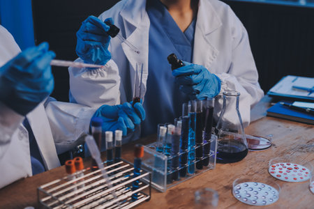 Blood test in the laboratory. Laboratory assistant working with the dispenser. Vacuum tubes with...